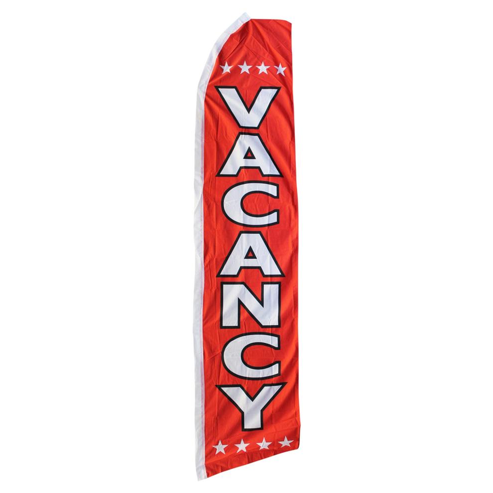 Red feather flag with 'Vacancy' text on a white background