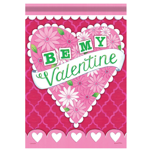 Valentine's Day garden flag with pink heart, flowers, and 'Be My Valentine' text on a pink background.
