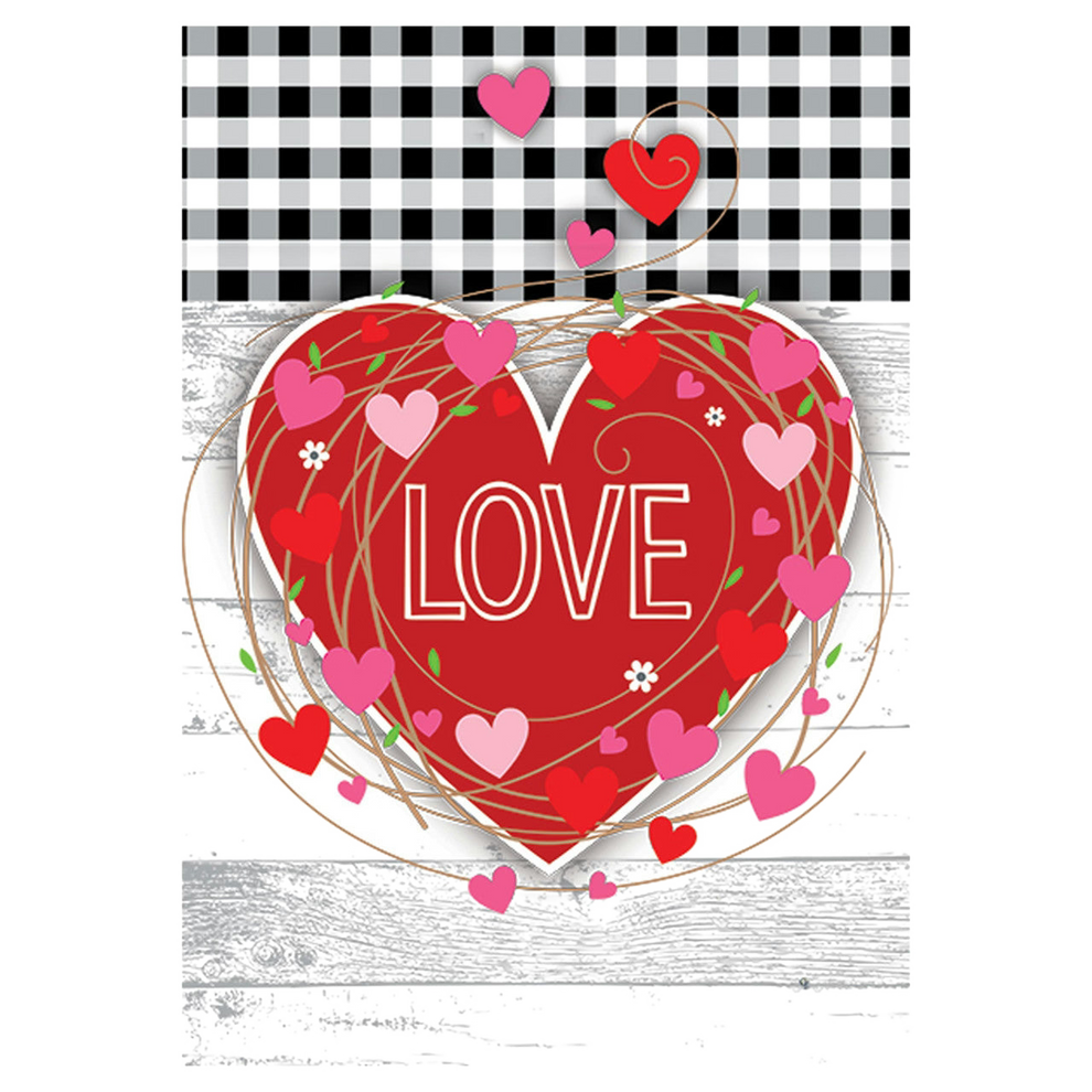 Heart-shaped card theme decorative garden banner with 'LOVE' text on a checkered background