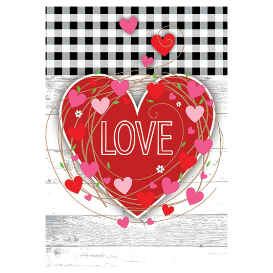 Decorative flag with a Heart with 'LOVE' text on a checkered background