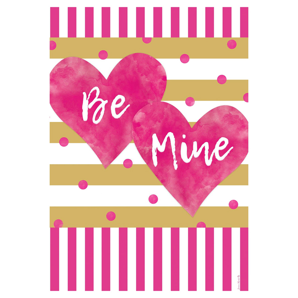 Decorative garden flag with two pink hearts with 'Be Mine' text on a striped background