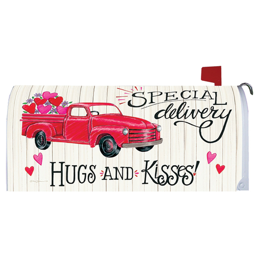 Mailbox cover with a red truck, hearts, and text 'Special delivery Hugs and Kisses' on a white background