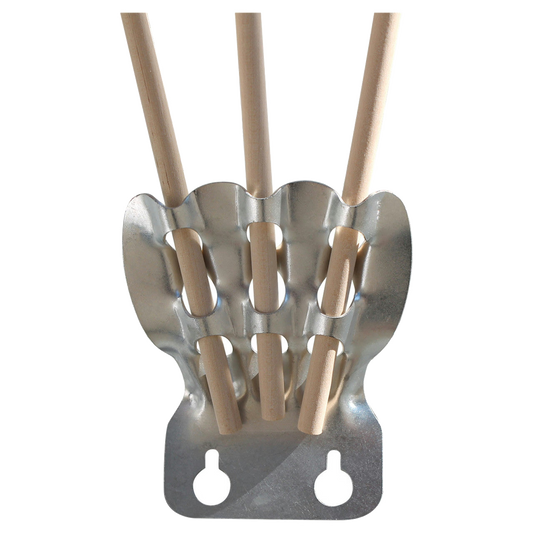 Three finger stamped metal bracket with three wooden sticks