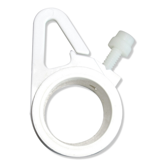 White plastic ring with a screw on a white background