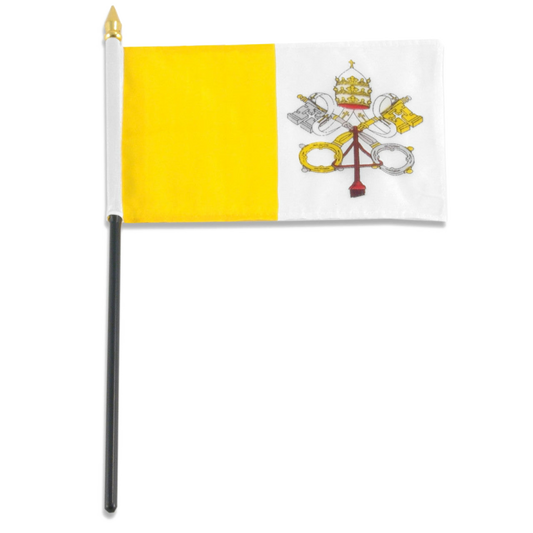 Flag of the Vatican City with a yellow and white background featuring a papal emblem.