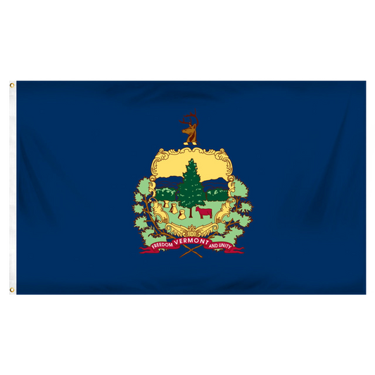 Vermont state flag featuring the full-color state coat of arms and 'Vermont, Freedom and Unity' motto on a solid azure blue field.