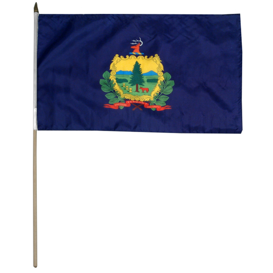 Vermont state stick flag featuring the full-color state coat of arms and 'Vermont, Freedom and Unity' motto on a solid azure blue field.