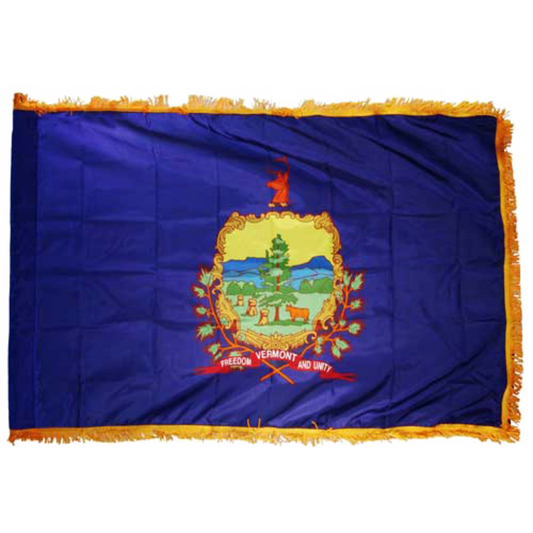 Very attractive 3ft x 5ft Vermont flag made in the US from nylon with a lined pole hem and golden fringe.
