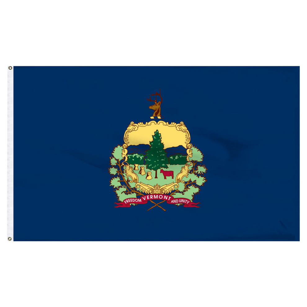 Vermont state flag featuring the full-color state coat of arms and 'Vermont, Freedom and Unity' motto on a solid azure blue field.