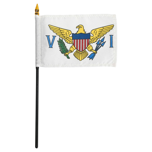 Virgin Islands flag with a yellow eagle, red shield, and blue letters 'VI' on a white background