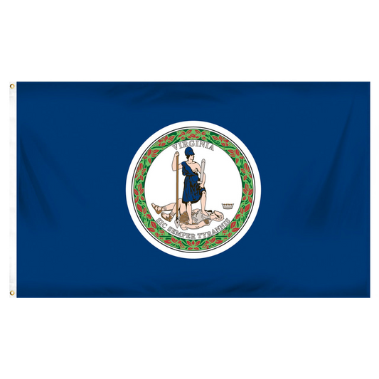 Virginia state flag featuring the historic full-color state seal and 'Sic Semper Tyrannis' motto on a solid dark blue field.