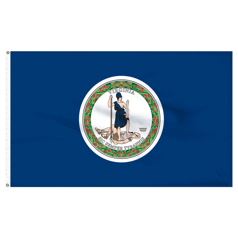 Virginia state flag featuring the historic full-color state seal and 'Sic Semper Tyrannis' motto on a solid dark blue field.