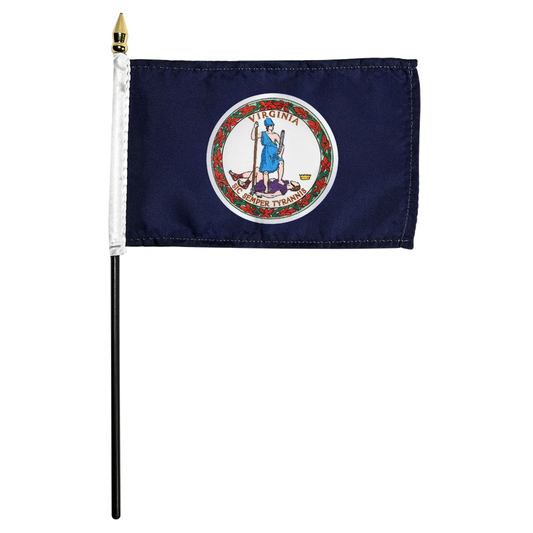 Virginia state stick flag featuring the historic full-color state seal and 'Sic Semper Tyrannis' motto on a solid dark blue field.