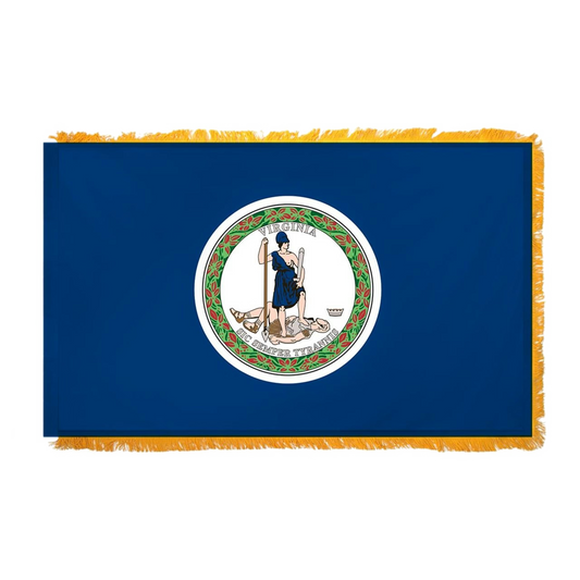 Flag of Virginia with a blue background and coat of arms in the center