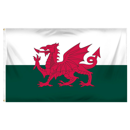 Flag of Scotland featuring a red dragon in the center. The top half of the flag white and bottom half green.