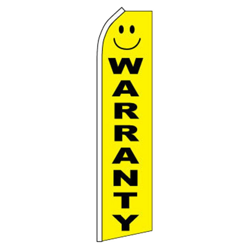 Yellow flag with a smiley face and the word 'Warranty' on a white background