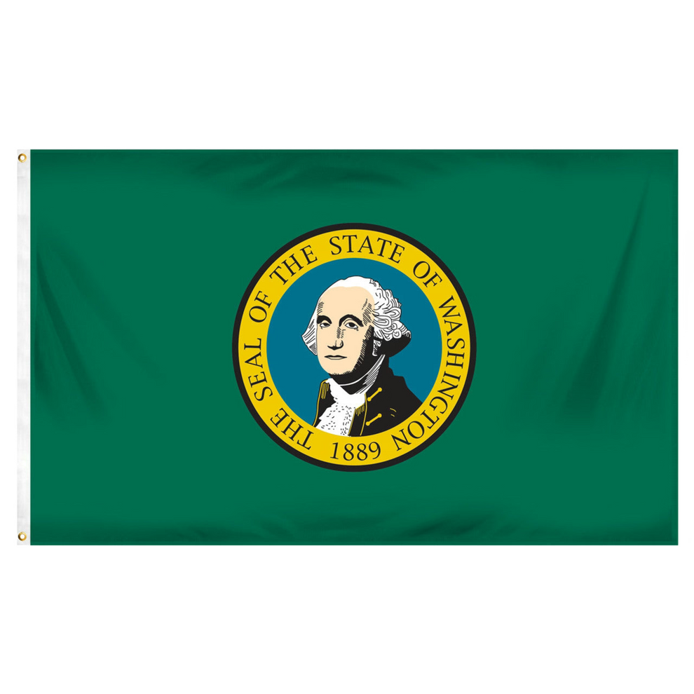 State of Washington flag featuring the distinctive full-color state seal and 'The Seal of the State of Washington 1889' text on a solid dark green field