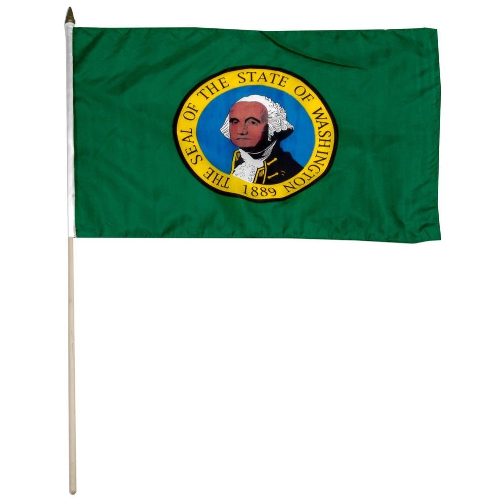 State of Washington stick flag featuring the distinctive full-color state seal and 'The Seal of the State of Washington 1889' text on a solid dark green field