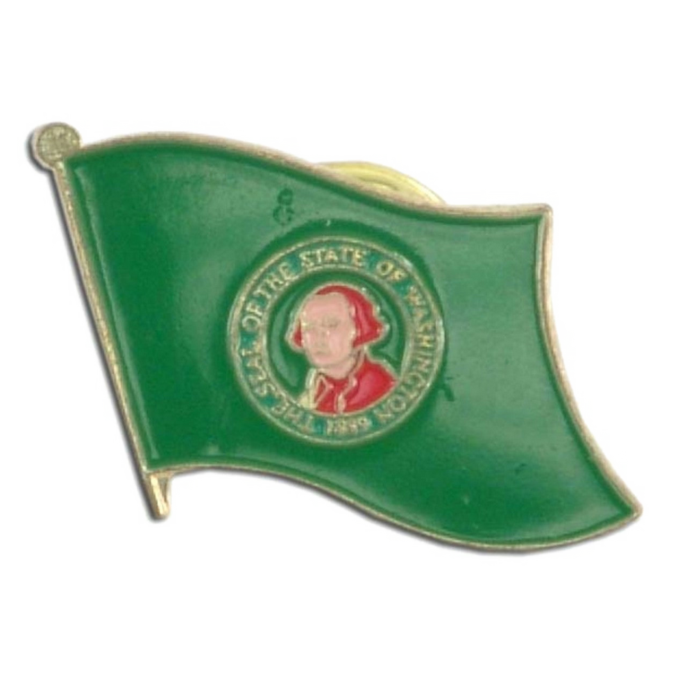 Green flag-shaped badge with a portrait and emblem on a white background