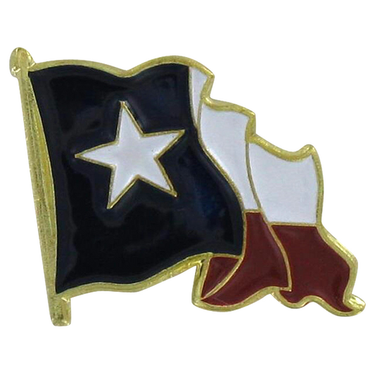 Lapel pin shaped like the state of Texas flag with a white star on a black field, gold border, and red and white stripes.
