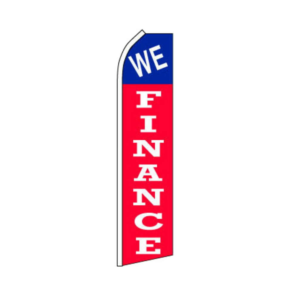 Swooper flag with 'WE FINANCE' text on a white background