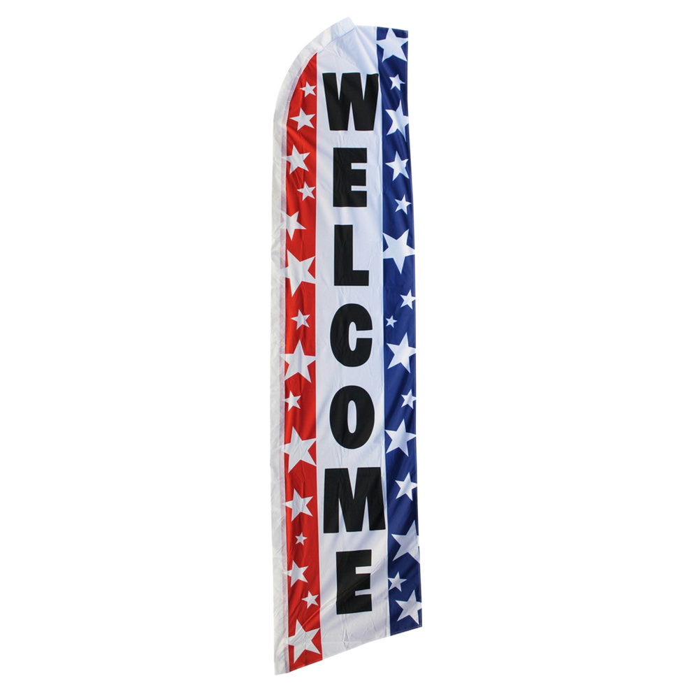 Decorative flag with 'WELCOME' text and American flag pattern on a white background