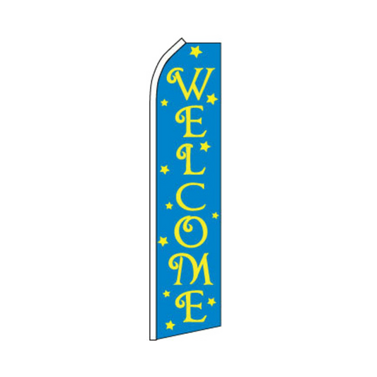 Blue feather flag with yellow 'WELCOME' text on a white background