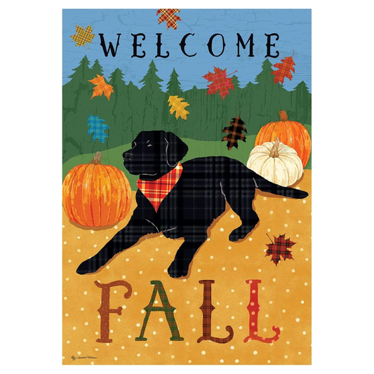 Decorative flag with a black dog, pumpkins, and fall leaves on a blue and orange background.