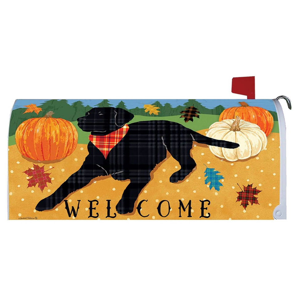 Mailbox cover with a black dog, pumpkins, and 'Welcome' text on a yellow background.
