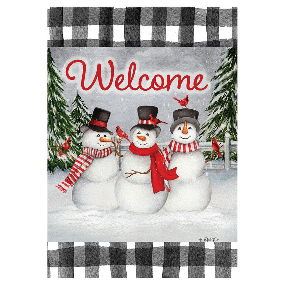 Decorative flag with snowmen, red birds, and 'Welcome' text on a checkered border.
