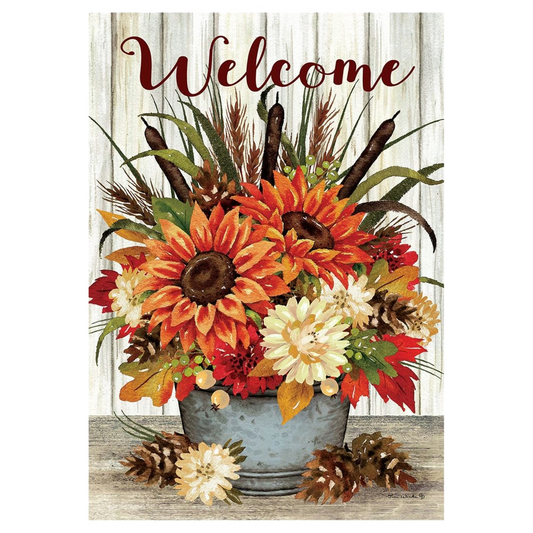 Decorative garden flag with autumn flowers and 'Welcome' text on a wooden background