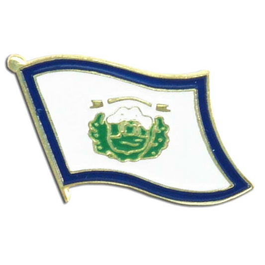 West Virginia flag-shaped pin with a green emblem on a white background
