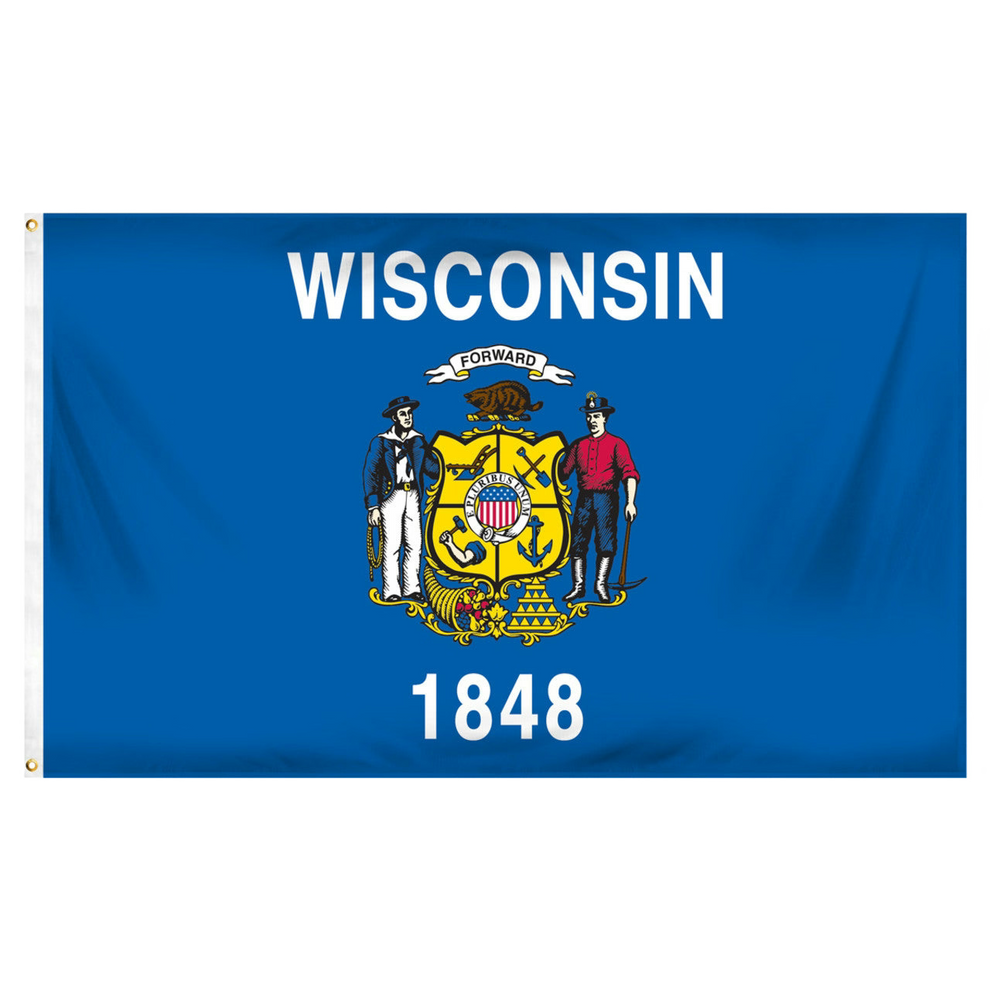 State of Wisconsin flag featuring the full-color state coat of arms, the 'Forward' motto, and 'Wisconsin 1848' text on a solid dark blue field.