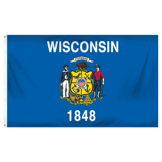 State of Wisconsin flag featuring the full-color state coat of arms, the 'Forward' motto, and 'Wisconsin 1848' text on a solid dark blue field.