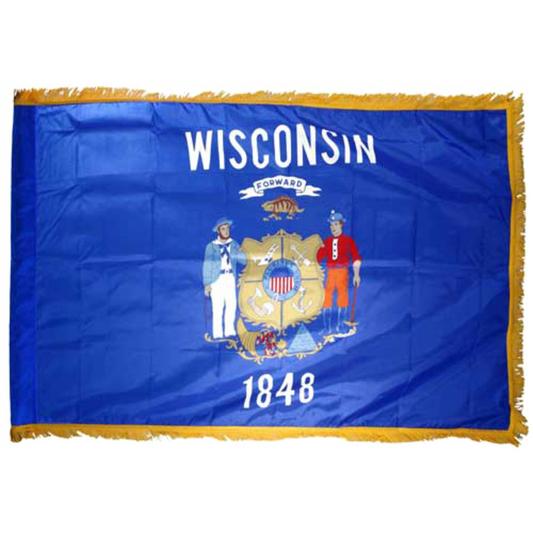 State of Wisconsin flag featuring the full-color state coat of arms, the 'Forward' motto, and 'Wisconsin 1848' text on a solid dark blue field. Fringe on edges.