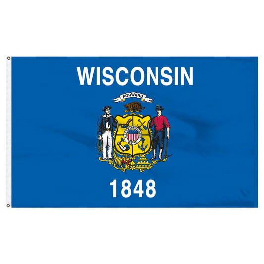 State of Wisconsin flag featuring the full-color state coat of arms, the 'Forward' motto, and 'Wisconsin 1848' text on a solid dark blue field.