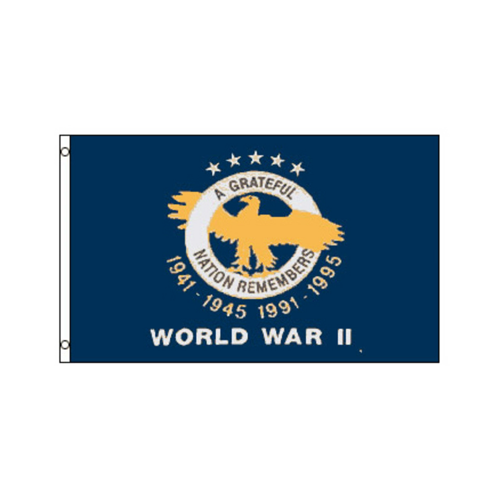 Flag with a design featuring an eagle and text about World War II on a blue background