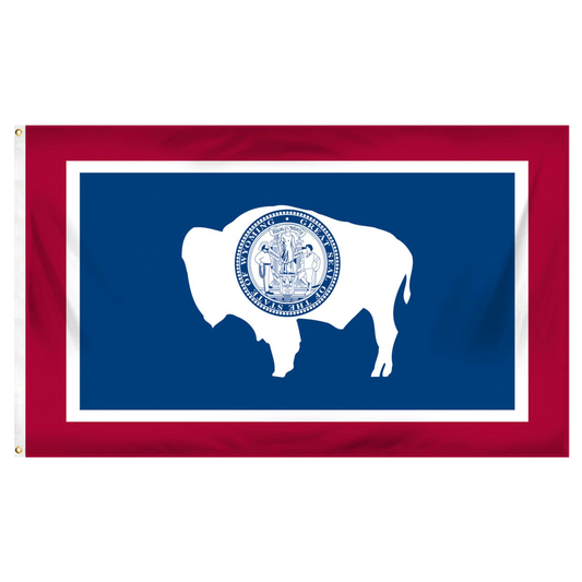 Wyoming state flag with a white silhouette of a bison and seal on a blue background with red border