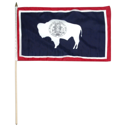 Wyoming state stick flag featuring the white bison silhouette and the full-color state seal on a blue background with red and white borders