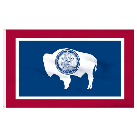 Wyoming state flag with a white buffalo silhouette and seal on a blue background with red border