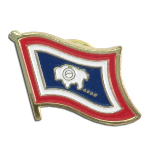 Flag-shaped badge with a blue center, red border, and white emblem on a white background