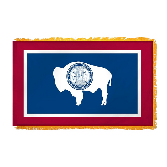Wyoming flag with a white silhouette of a bison and seal on a blue background, framed with red and gold