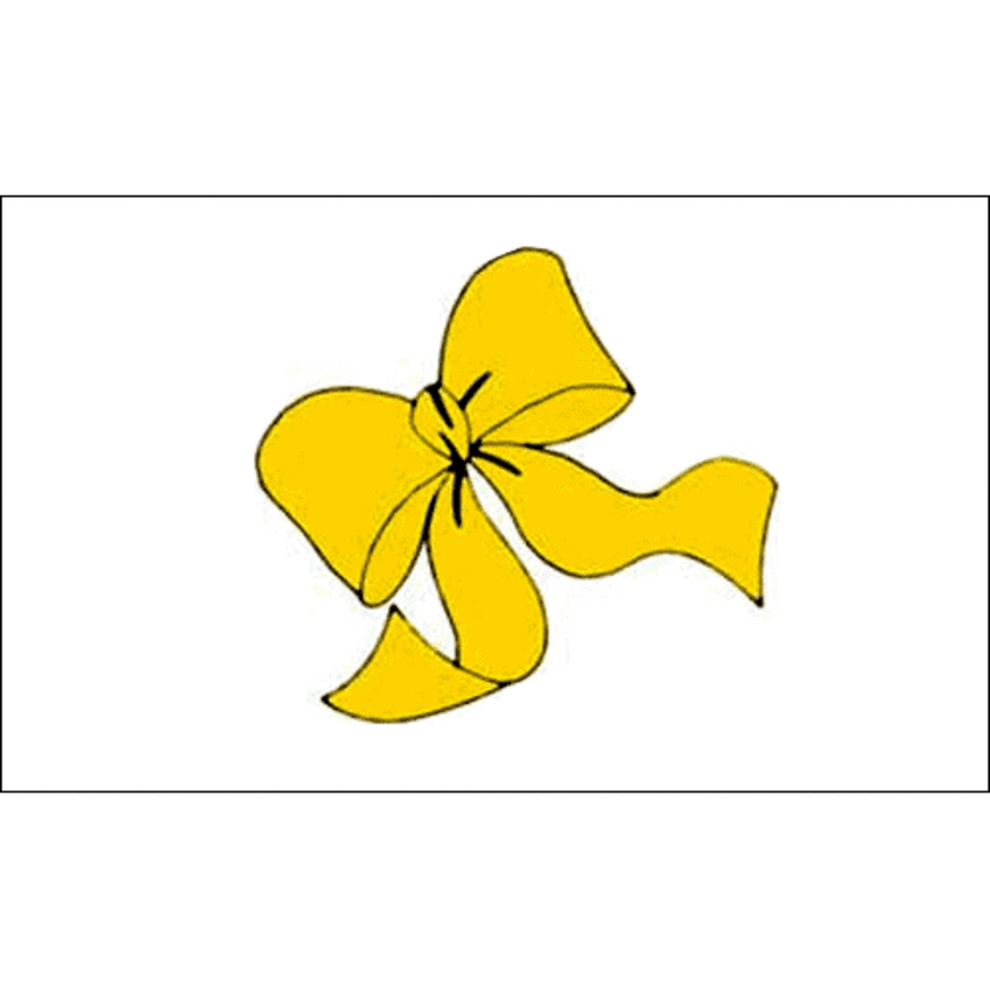 A yellow ribbon on a white flag