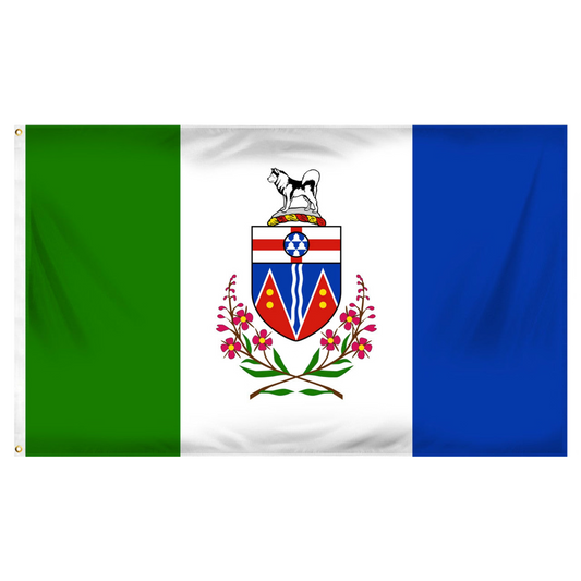 Yukon flag featuring vertical green, white, and blue bands with the Yukon coat of arms centered on the white band, shown against a plain white background.
