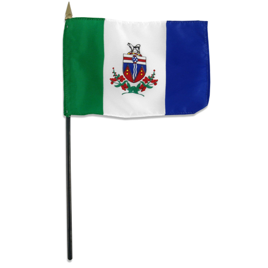 Yukon flag with green, white, and blue colors featuring a coat of arms on a white background