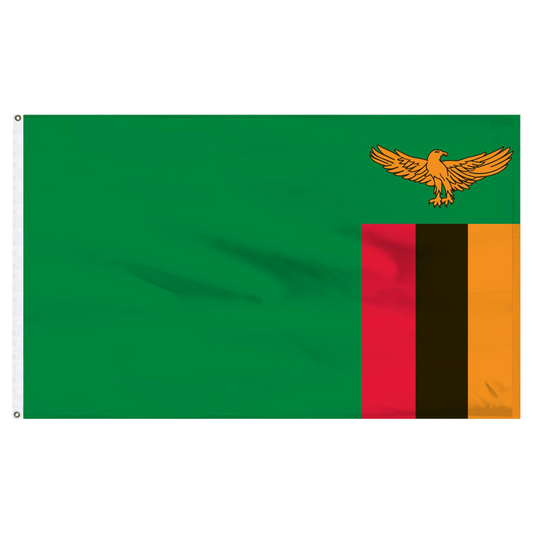 Zambia lag with a green background and a yellow eagle emblem, featuring red, black, and orange stripes.