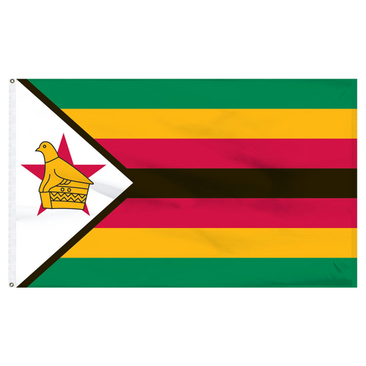 Zimbabwe flag with green, yellow, red, and black stripes featuring a central emblem on a white background