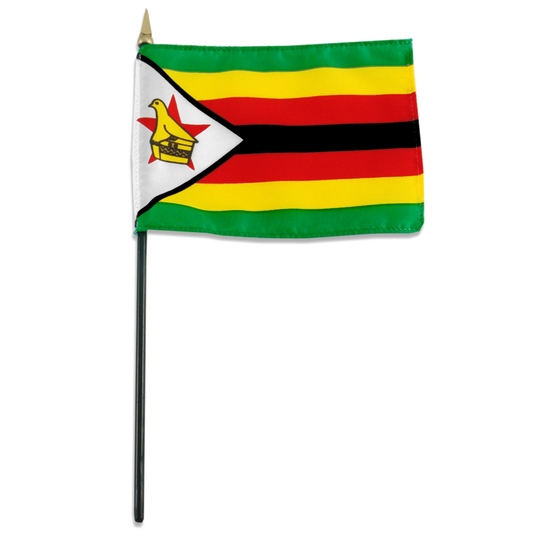 Zimbabwe flag with green, yellow, red, and black stripes and a white triangle with red star and emblem