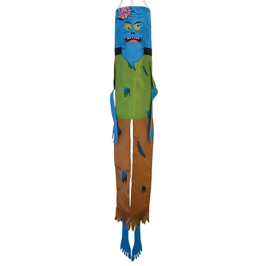 Colorful windsock shaped like a cartoon character on a white background