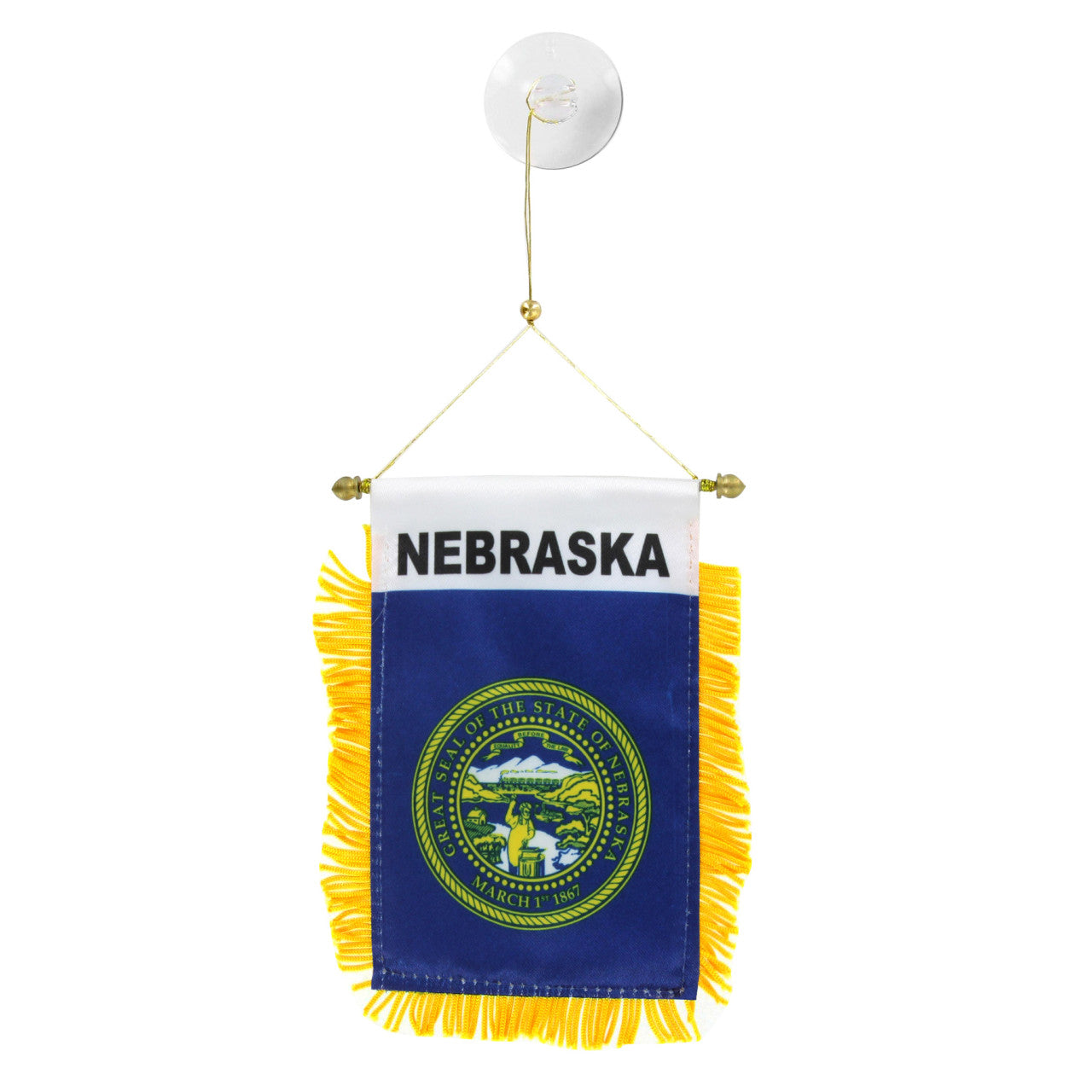 Nebraska state flag hanging banner with blue background and yellow fringe on a white background